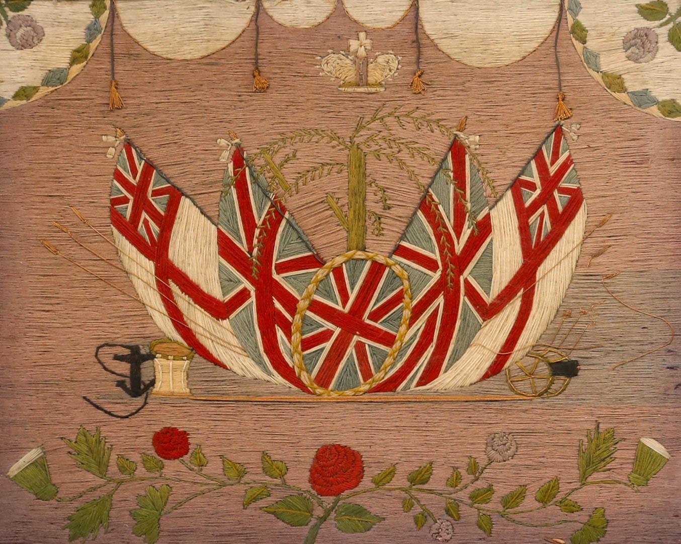 This wool embroidery, known as a 'woolie', was created by a British sailor in the late 19th century. These works were traditionally made by sailors during long periods at sea as a pastime and souvenir of their naval service. Appreciated by