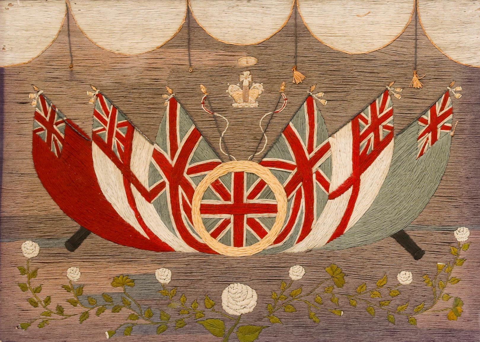 This wool embroidery, known as a 'woolie', was created by a British sailor in the late 19th century. These works were traditionally made by sailors during long periods at sea as a pastime and souvenir of their naval service. Appreciated by