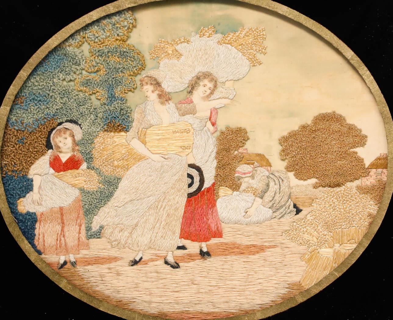 A delightful 18th-century embroidery depicting three sisters and their mother gathering corn. The artist has expertly employed an array of different stitches such as French knots and painted fine watercolour details to create this charming scene,
