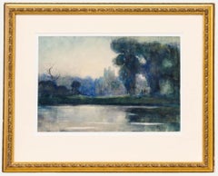 Antique Framed 1904 Watercolour - River Scene with a Ruined Abbey