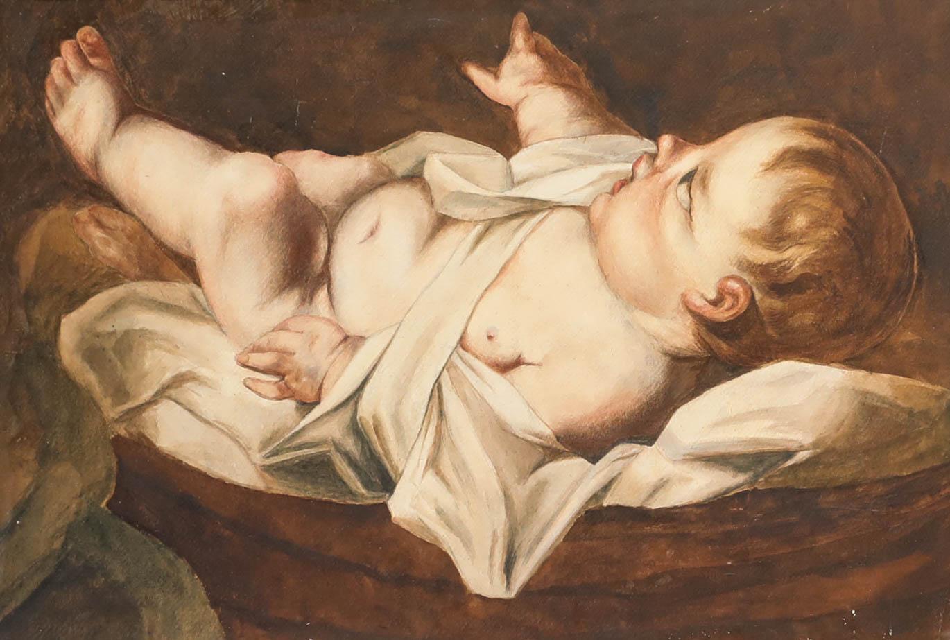 Acuarela del siglo XIX - Estudio de un bebé - Art de Unknown