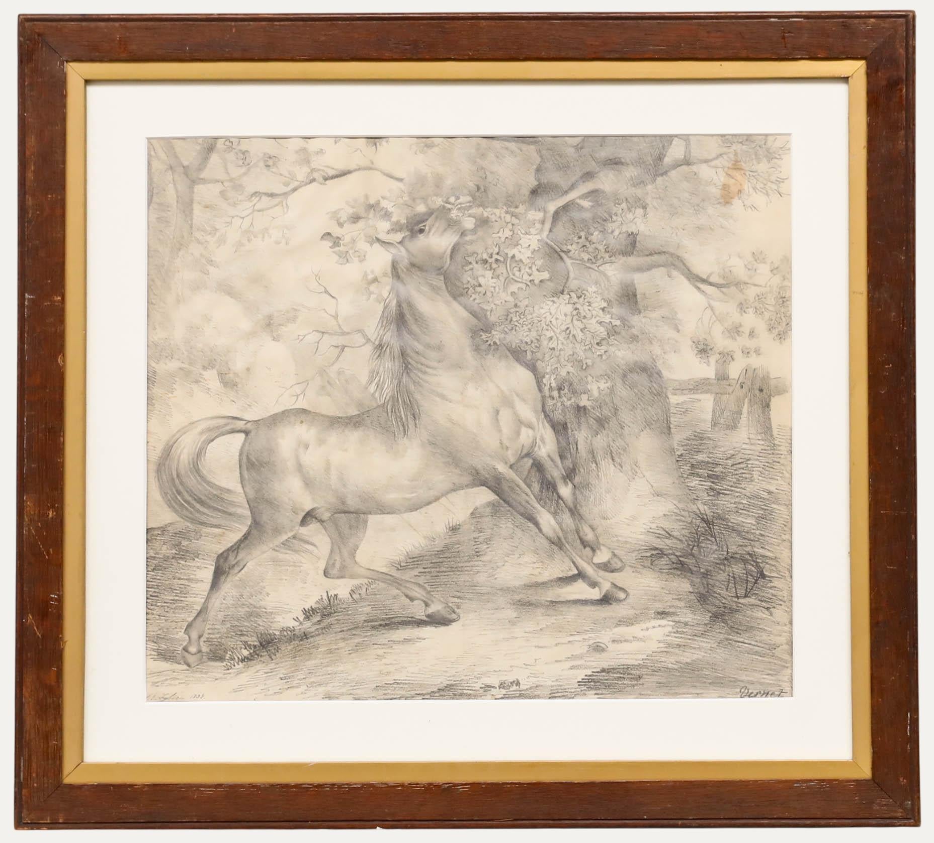 D
après Carle Vernet (1758-1836) - 1833 Dessin au graphite, Cheval sauvage