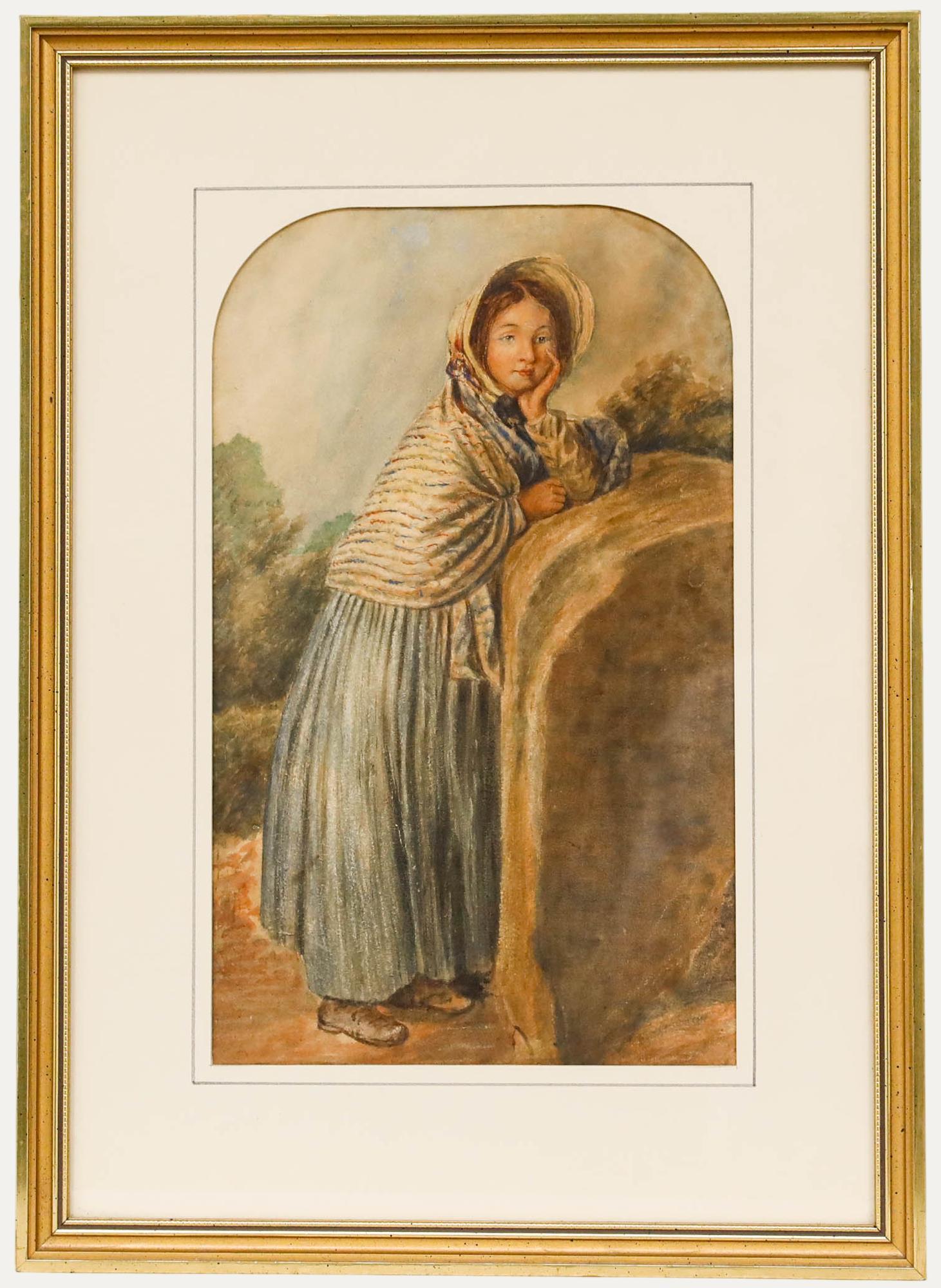 Figurative Art di Unknown - Maniera di William H. H. (1827-1910) - Acquerello, Ragazza appoggiata a una roccia