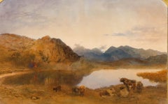 Framed 19th Century Watercolour - Cattle in a Mountain Landscape