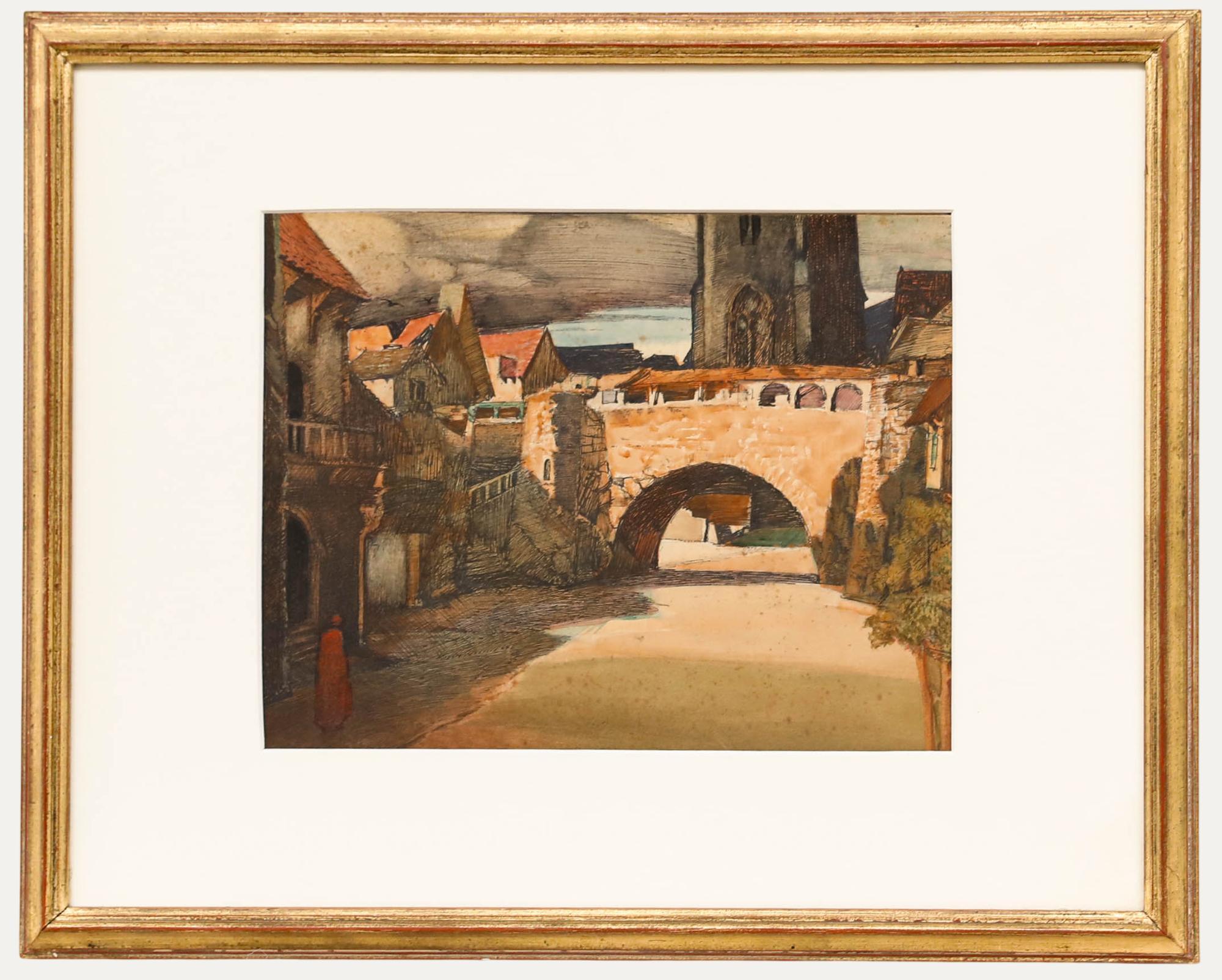 Esta aguada de pluma y acuarela representa a una figura solitaria vestida de rojo caminando por una ciudad. Un puente se alza prominentemente iluminado por la luz, mientras que gran parte de la escena circundante permanece envuelta en sombras.