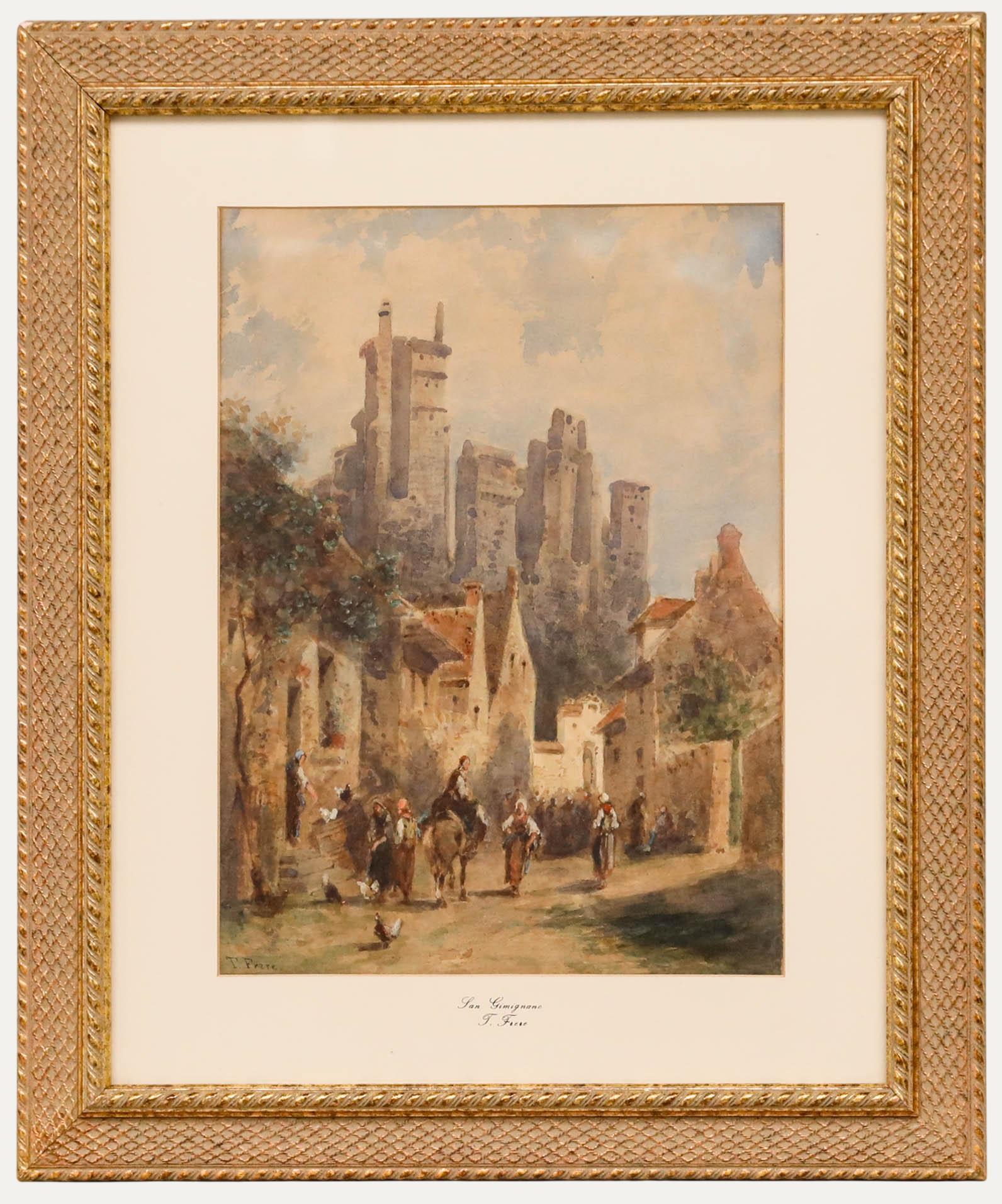 T. Frere - Aquarelle encadrée de la fin du XIXe siècle, San Gimignano