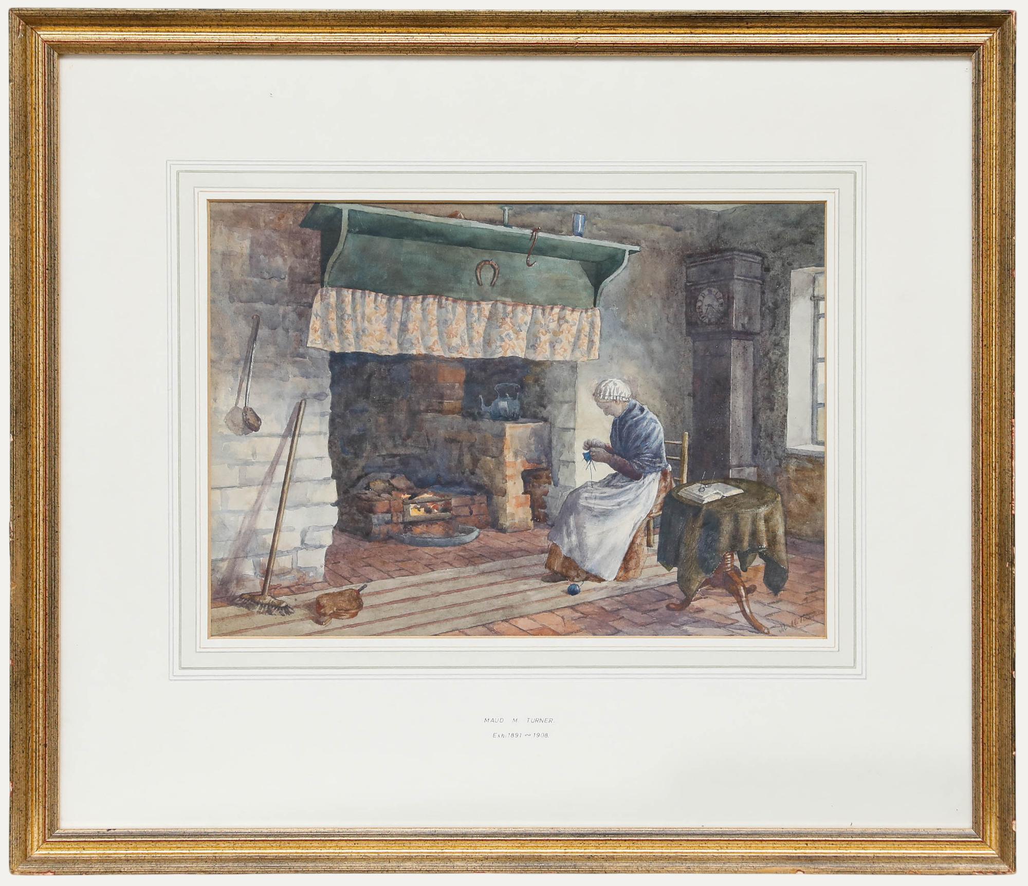 Figurative Art di Unknown - Maud Mary Turner (1862-1947) - Acquerello, Lavorare a maglia vicino al camino