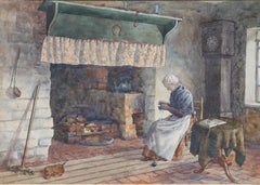 Maud Mary Turner (1862-1947) - Watercolour, Knitting by the Fireside