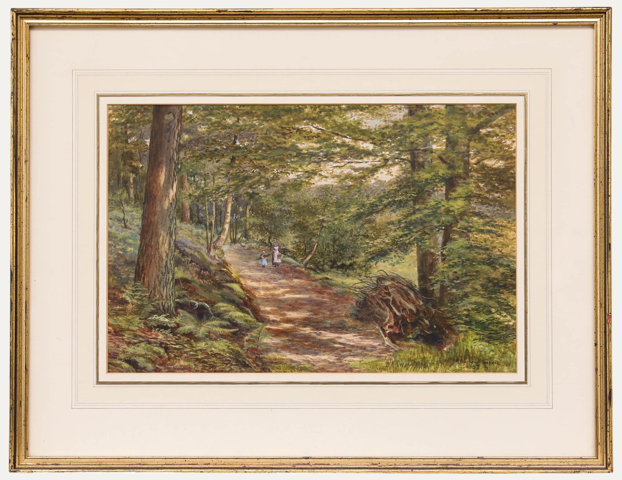 J.R. Warren-Warren - 1887 Acuarela, Madre e hija recogiendo madera