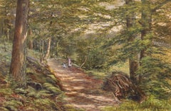 J.R. Warren-Warren - 1887 Watercolour, Mother and Daughter Gathering Wood