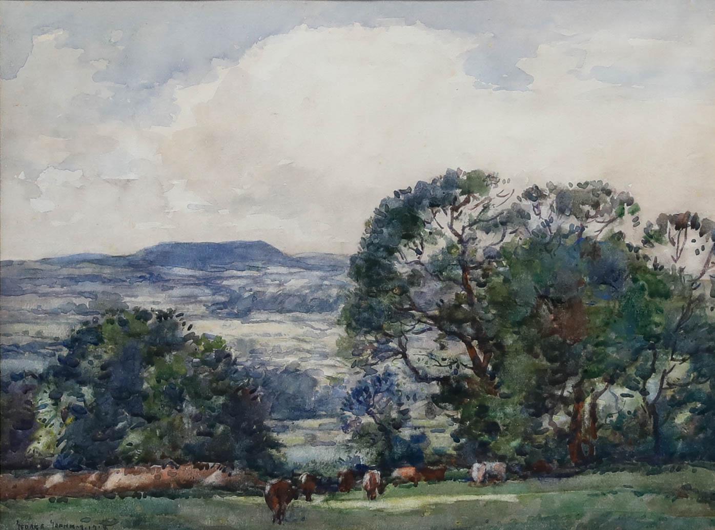 George Graham (1881-1949) - Aquarelle encadrée de 1914, Bétail en pâturage en vente 1