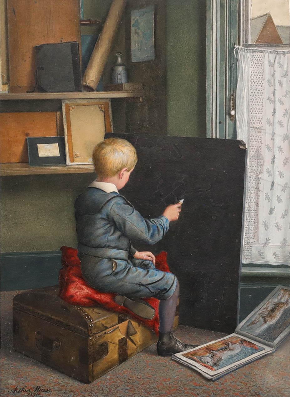 Arthur Wasse (1854-1930) - Aquarelle encadrée de 1874, Le jeune artiste - Marron Portrait par Unknown