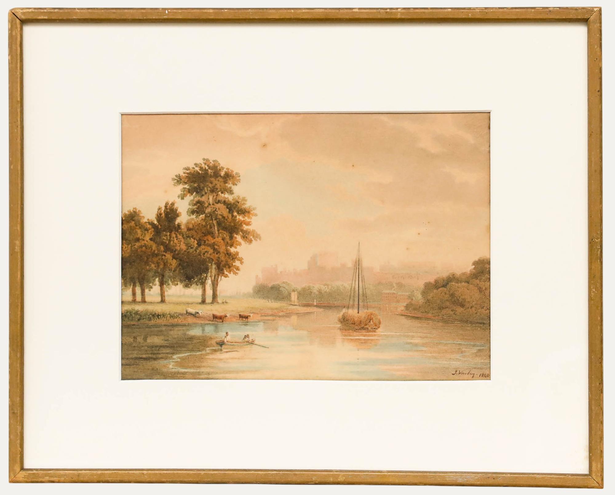 John Varley (1778-1842) - 1840 Aquarelle, Château de Windsor depuis la Tamise