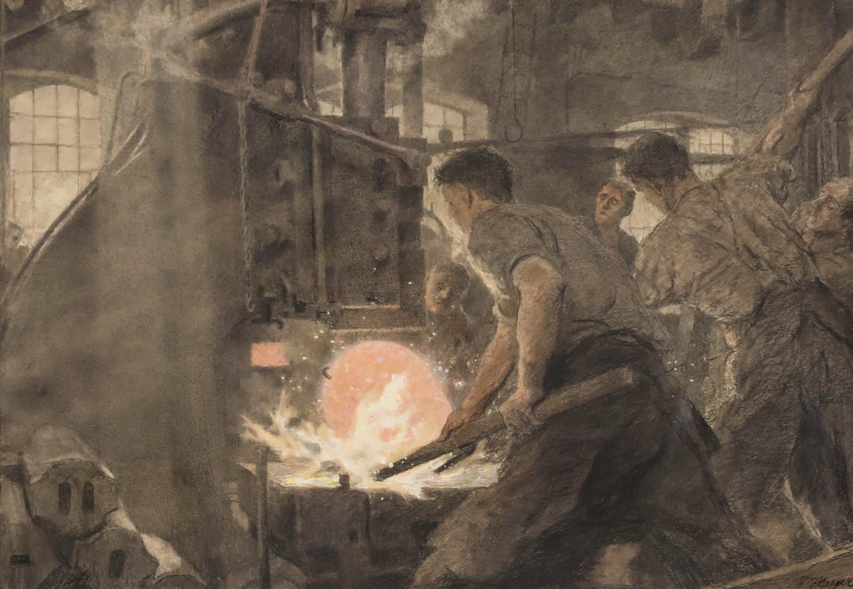 F. Mayer - Framed 20th Century Graphite Drawing, Steelworkers - Art by Unknown