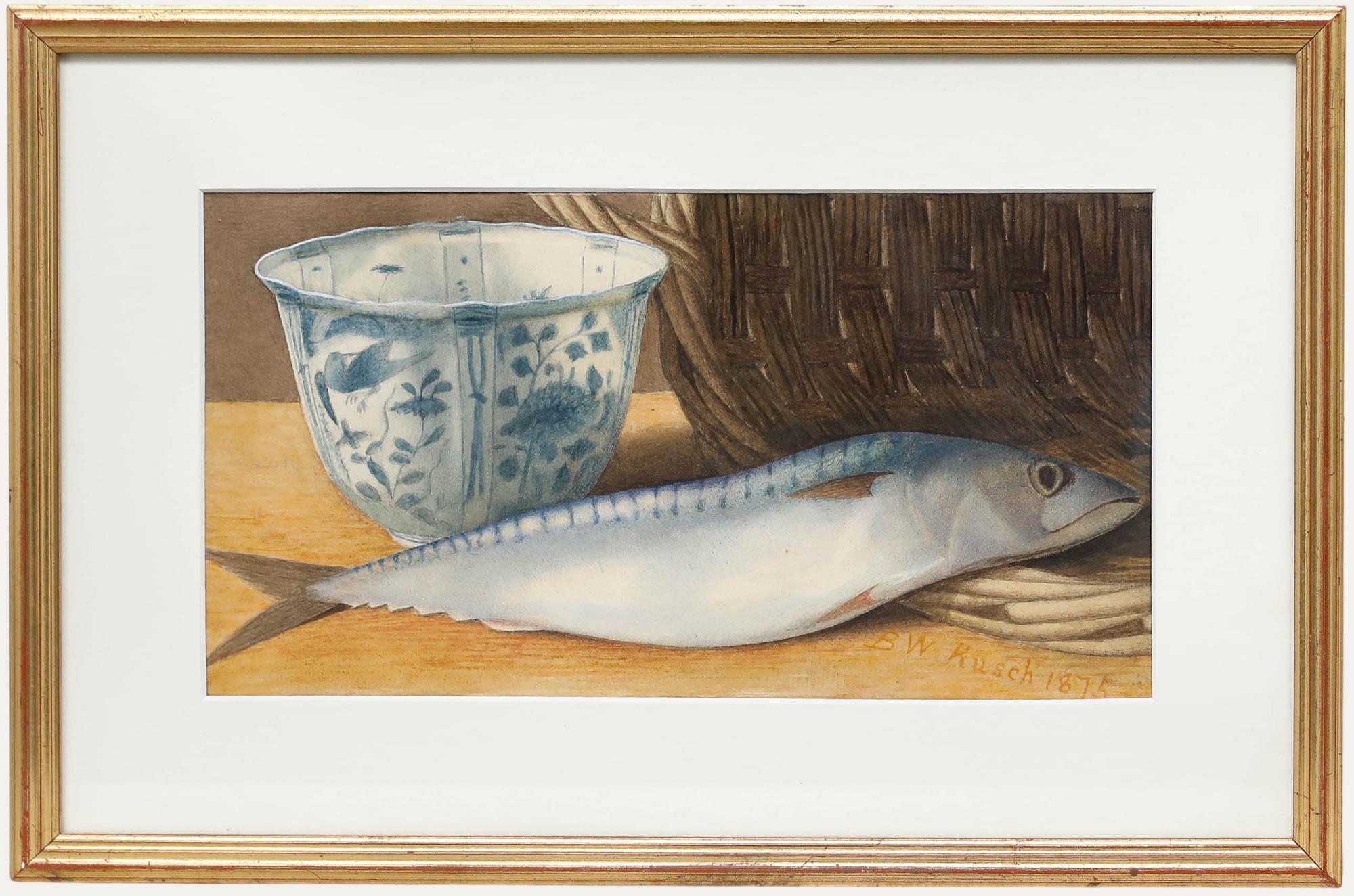 B.W. Rusch - Gerahmtes Aquarell von 1875, Stillleben mit Makrele