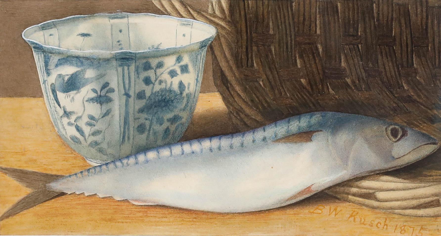 B.W. Rusch - Gerahmtes Aquarell von 1875, Stillleben mit Makrele – Art von Unknown