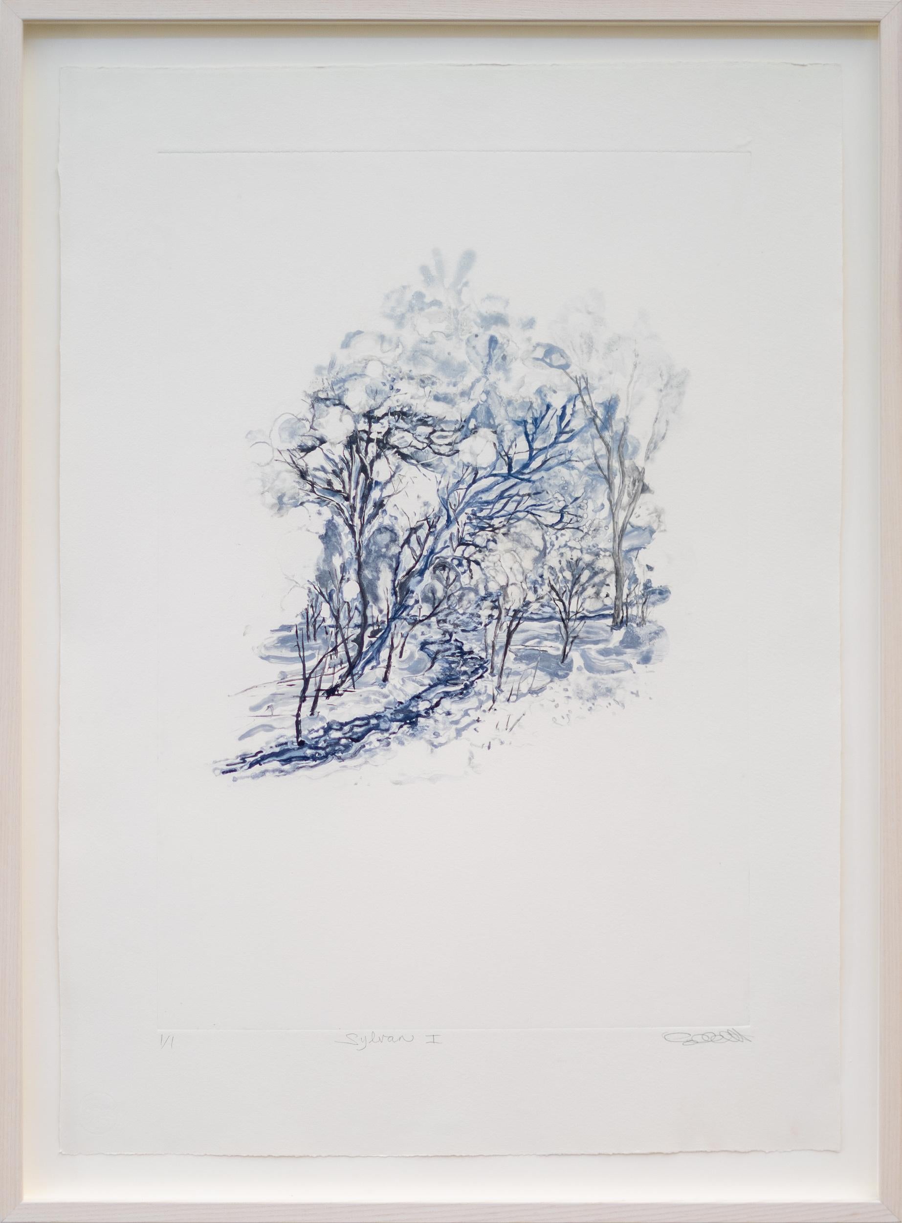 Landscape Art di Susan Collett - Into The Woods: Sylvan I - opera su carta, monoprint su carta Hahnemühle