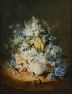 Framed Early 20th Century Watercolour - Still Life with Flowers and Peaches