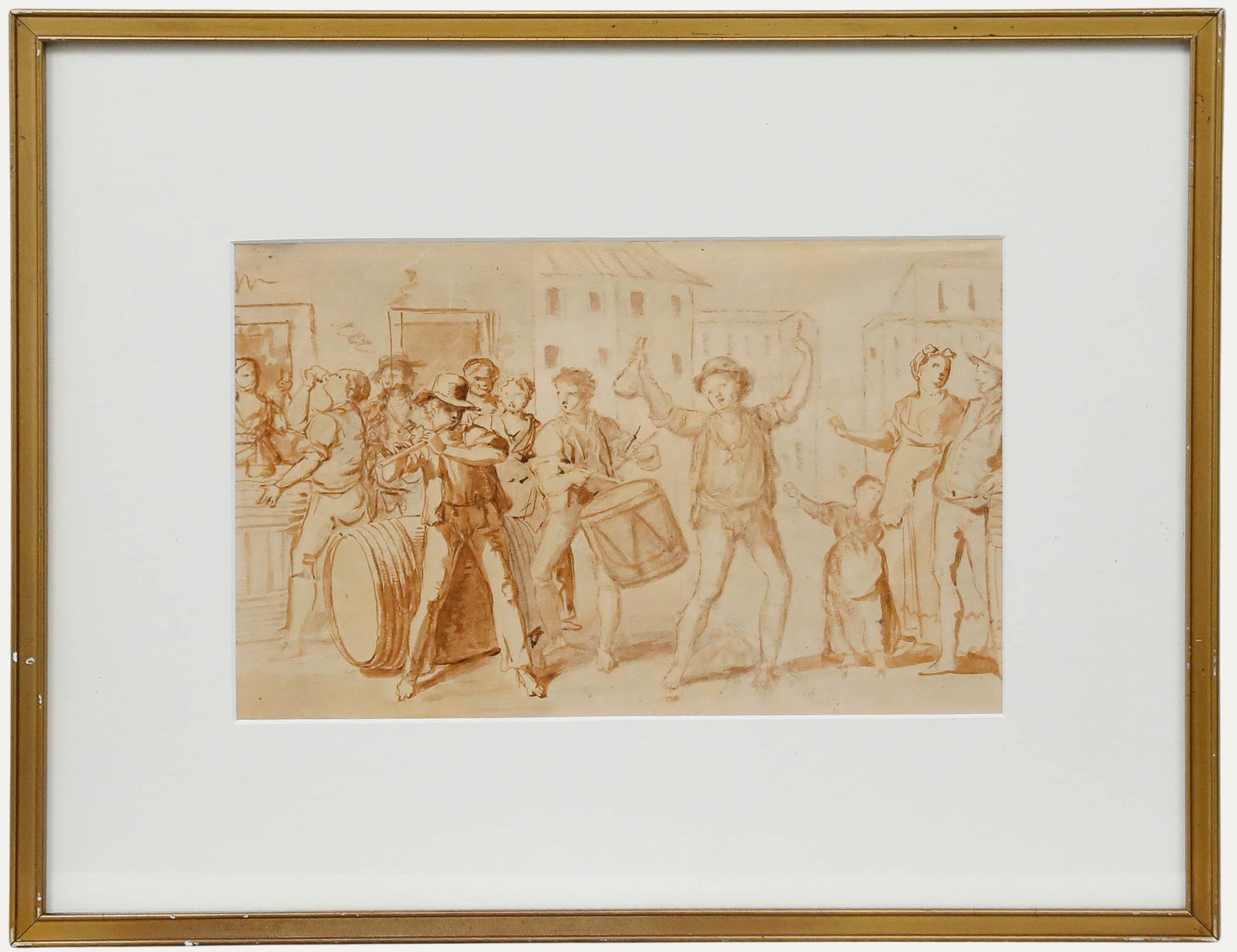Unknown Figurative Art – Gerahmtes Sepia-Aquarell aus dem 18. Jahrhundert - Feiernde in einer Straße