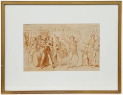 Framed 18th Century Sepia Watercolour - Revellers in a Street