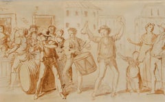 Framed 18th Century Sepia Watercolour - Revellers in a Street