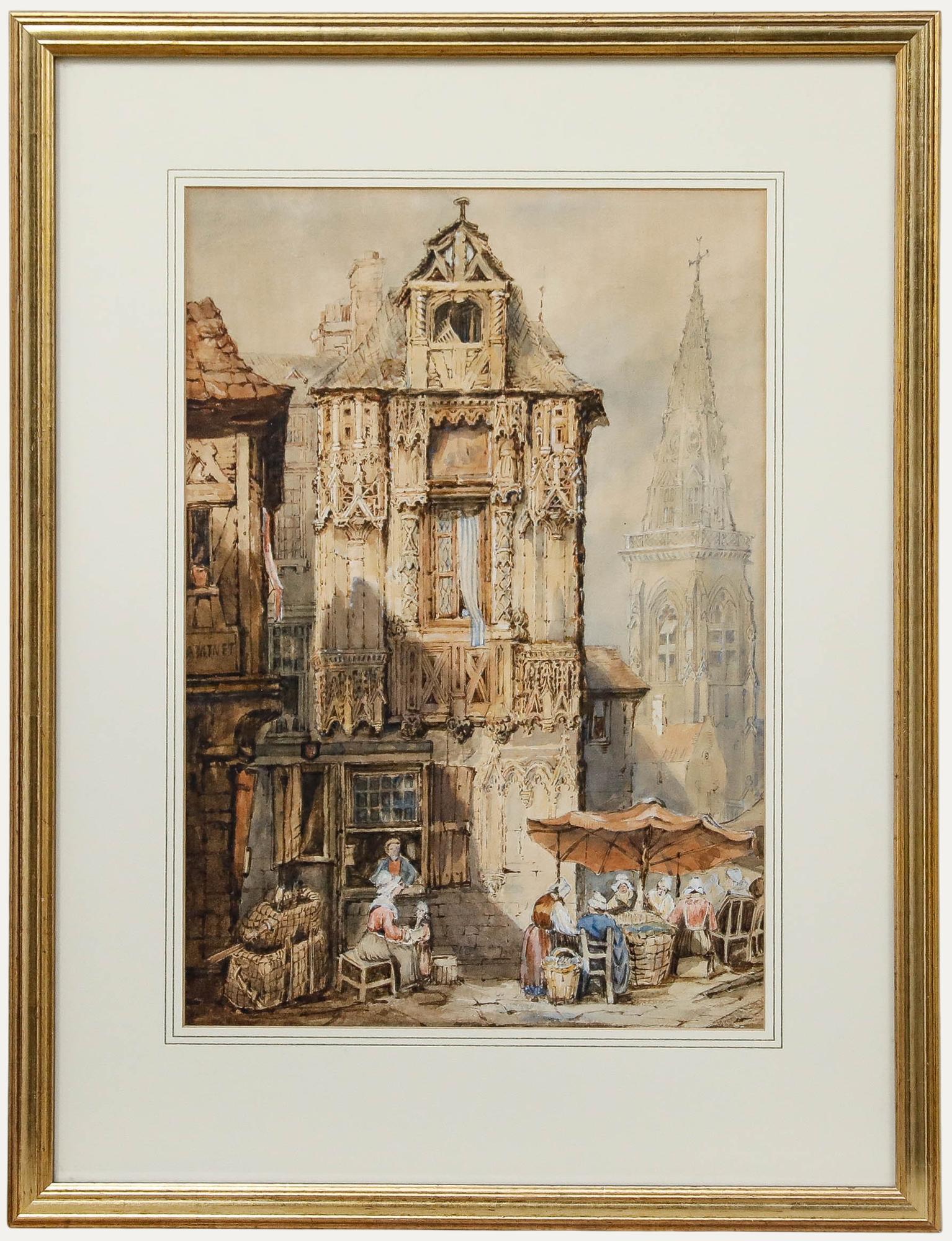 Dopo Samuel Prout (1783-1852) - Acquerello del XIX secolo, Mercato di Bruges