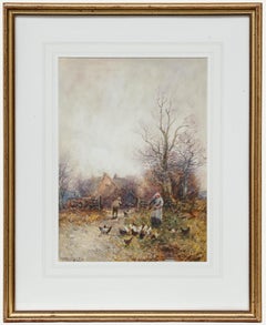 Framed 1912 Watercolour - Feeding the Chickens