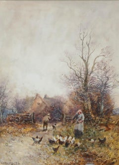 Framed 1912 Watercolour - Feeding the Chickens