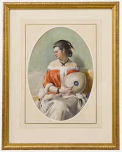 Acuarela enmarcada de principios del siglo XX - Retrato de una dama con un abanico en la mano