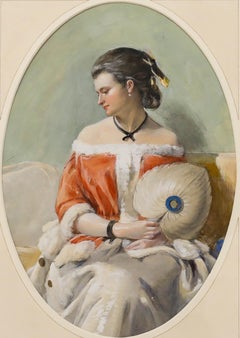 Acuarela enmarcada de principios del siglo XX - Retrato de una dama con un abanico en la mano