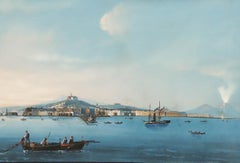Neapolitan School 19th Century Gouache - View of Naples and Mount Vesuvius