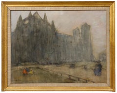 Gaston Roullet (1847-1925) - Framed Watercolour, Figures Before a Cathedral