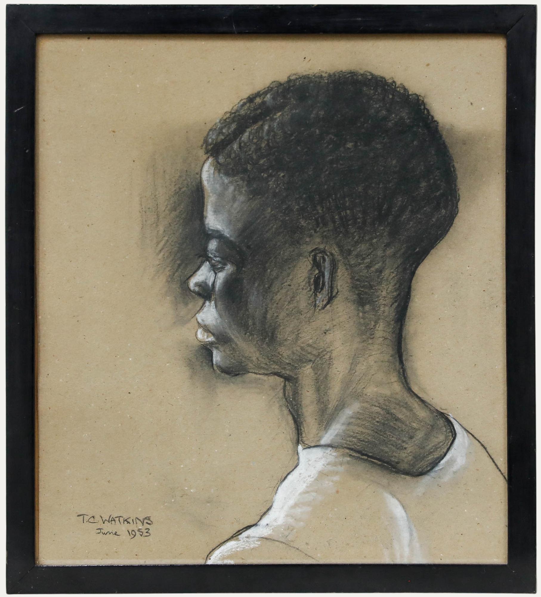 T.C. Watkins - Framed 1953 Charcoal Drawing, Portrait of a Boy from Accra - Art by Unknown