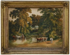 S. Hughes - 1820 Watercolour, A Drover and Cattle by a Stream