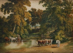 S. Hughes - 1820 Watercolour, A Drover and Cattle by a Stream