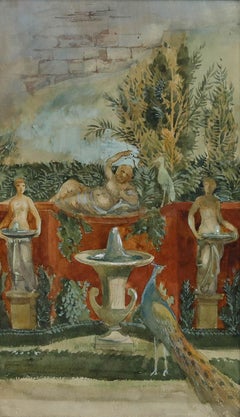 Adolf Schill (1848-1911) - Late 19th Century Watercolour, Peacock and Fountain