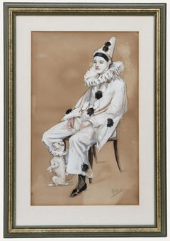 Katharine Montagu Wyatt - Gouache del siglo XX enmarcado, Retrato de Pierrot