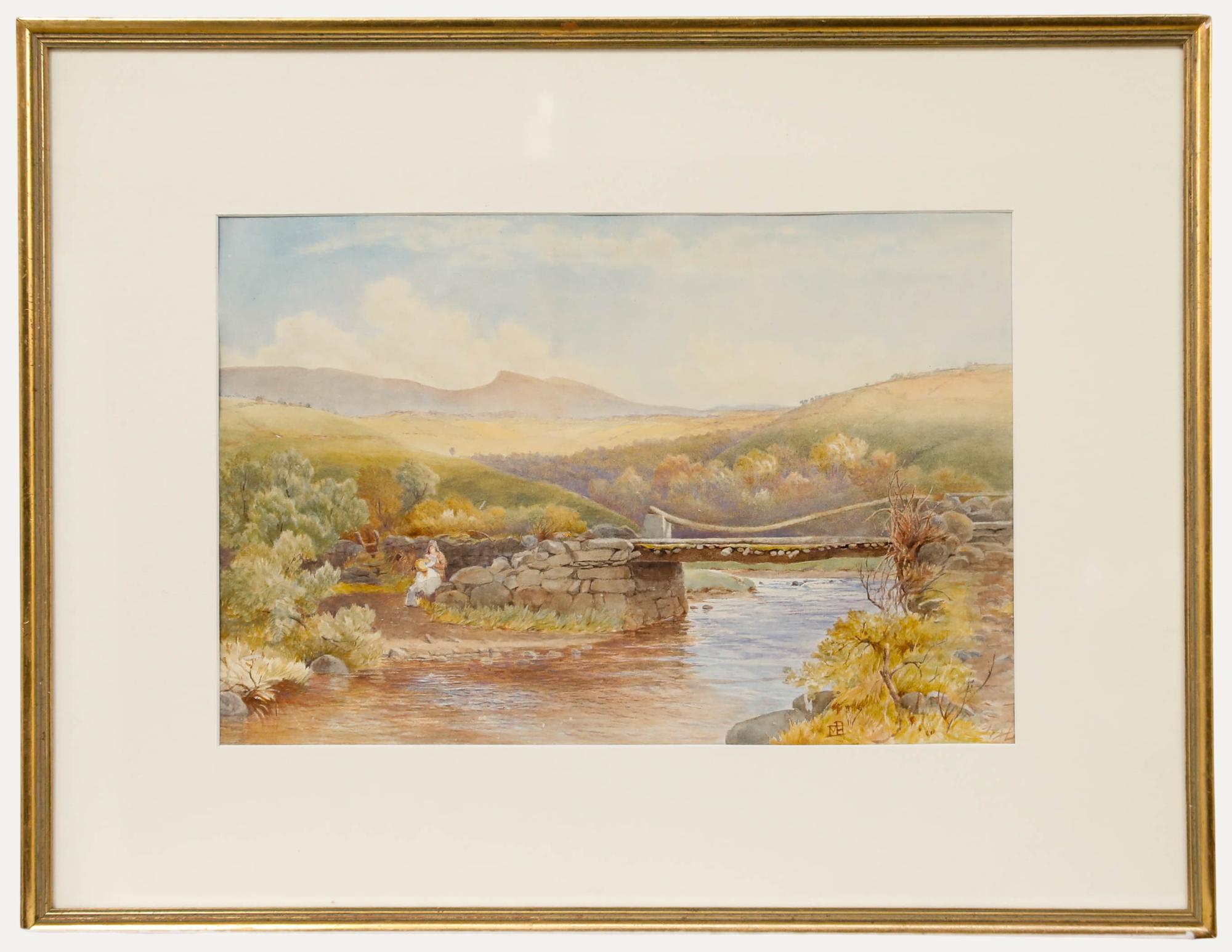 Unknown Landscape Art - Framed Early 20th Century Watercolour - Resting by the Bridge