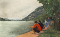 Diana Routh - Framed Contemporary Pastel, Fishing at Nantua