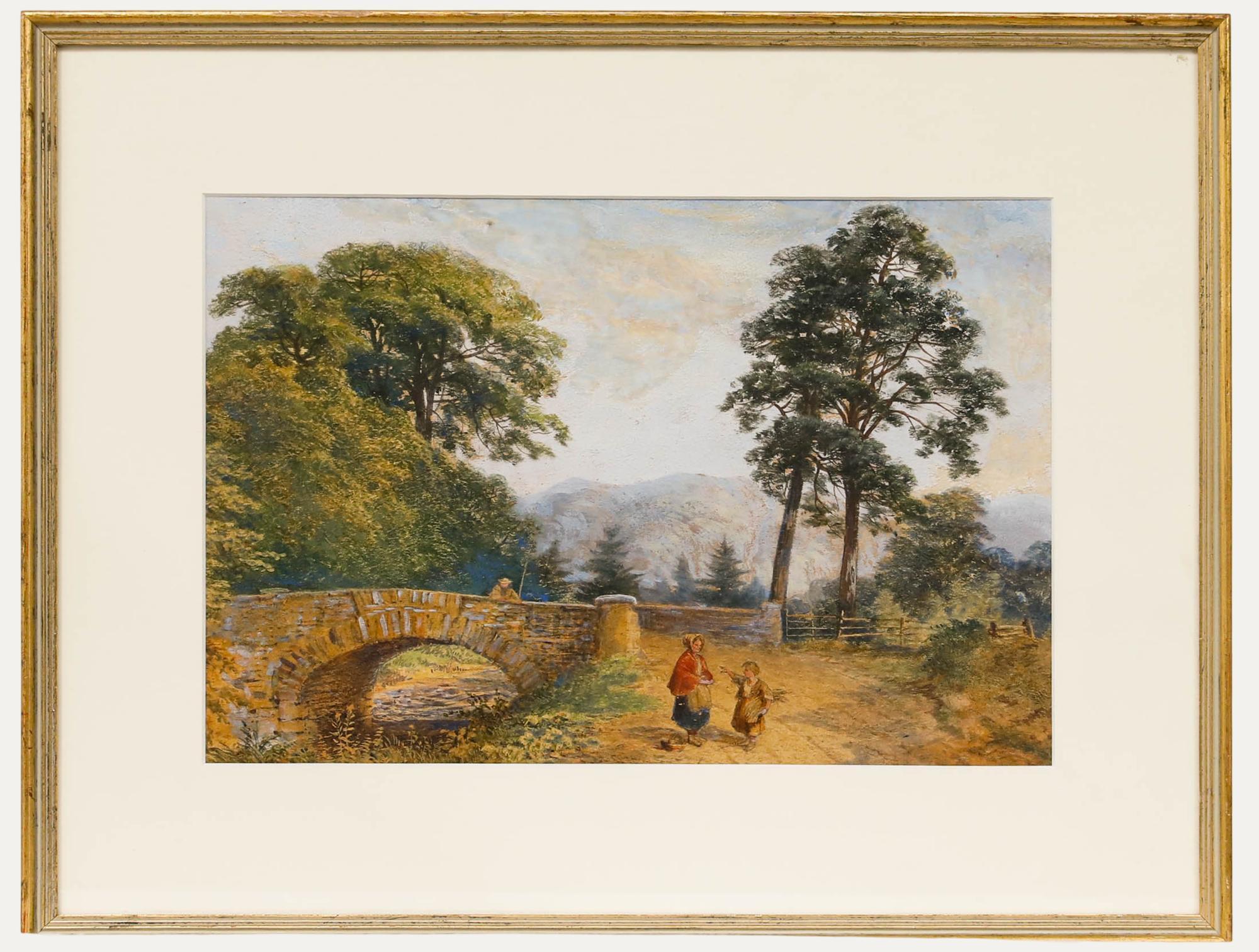 Unknown Landscape Art - Framed Early 20th Century Watercolour - Figurative Conversing by the Bridge