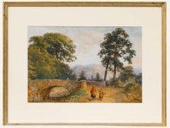 Framed Early 20th Century Watercolour - Figurative Conversing by the Bridge