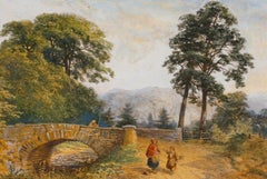 Framed Early 20th Century Watercolour - Figurative Conversing by the Bridge