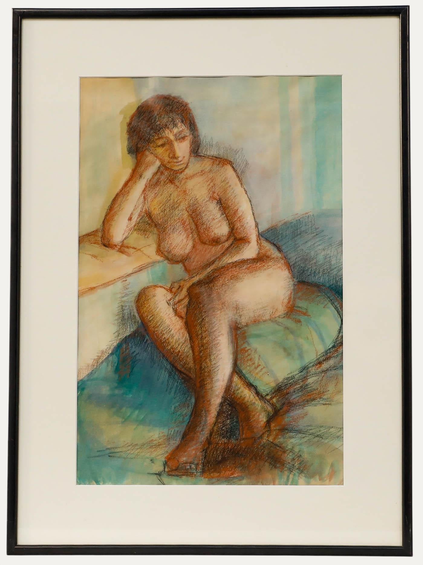 Betty Battiscombe (1916-2002) - Acuarela enmarcada de mediados del siglo XX, Desnudo sentado