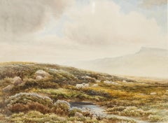 Framed 1878 Watercolour - Sheep in the Heathland
