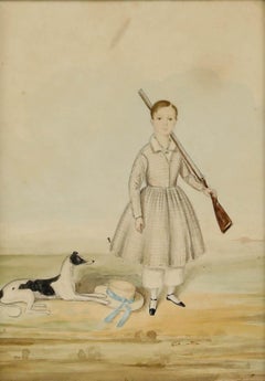 Folk Art Early 19th Century Watercolour - Portrait of a Boy with a Hound and Gun