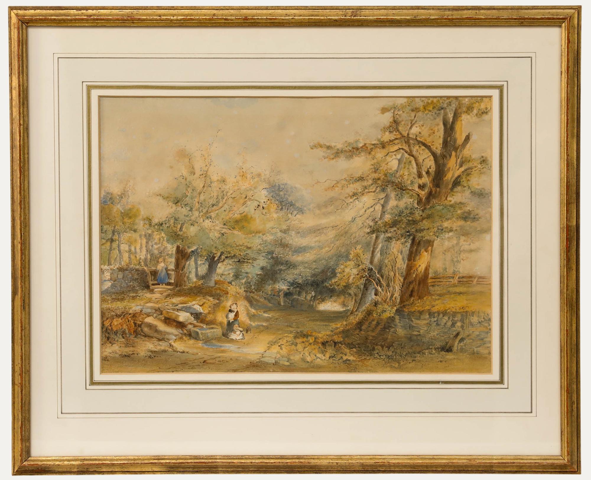 Unknown Landscape Art - Framed 19th Century Watercolour - Figures on a Woodland Path