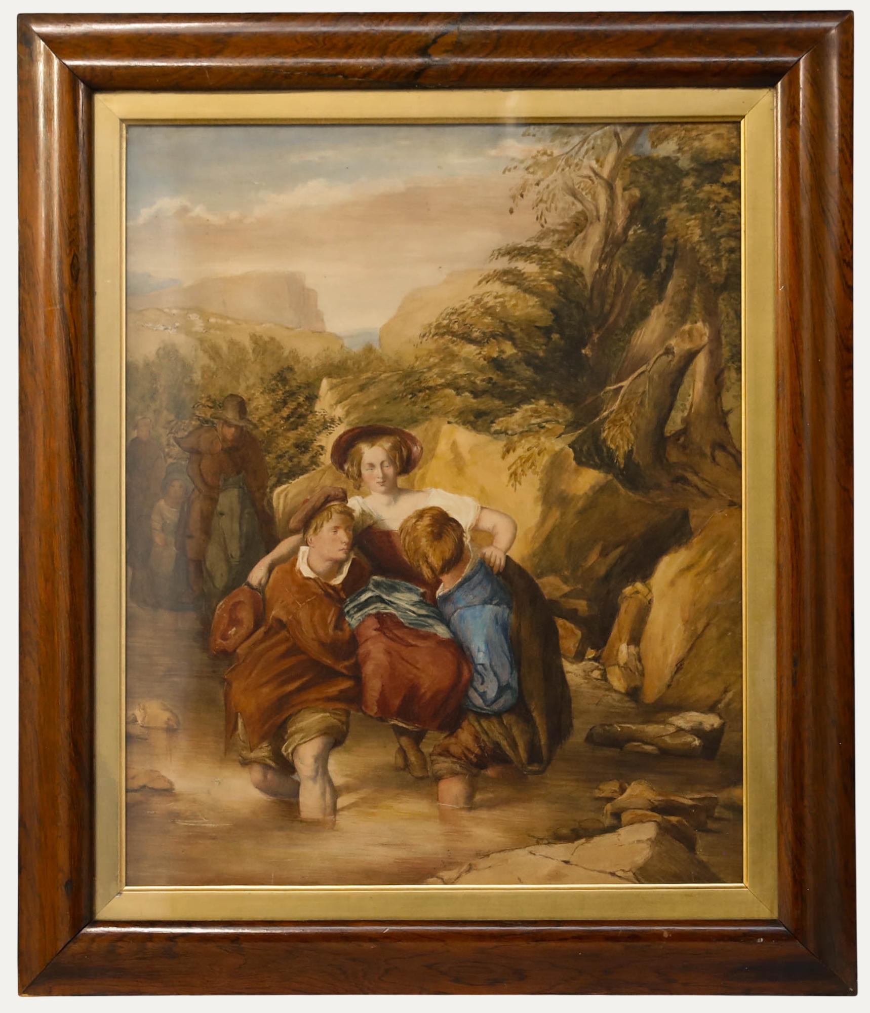 Figurative Art di Unknown - c.1850 Acquarello - Attraversamento del ruscello