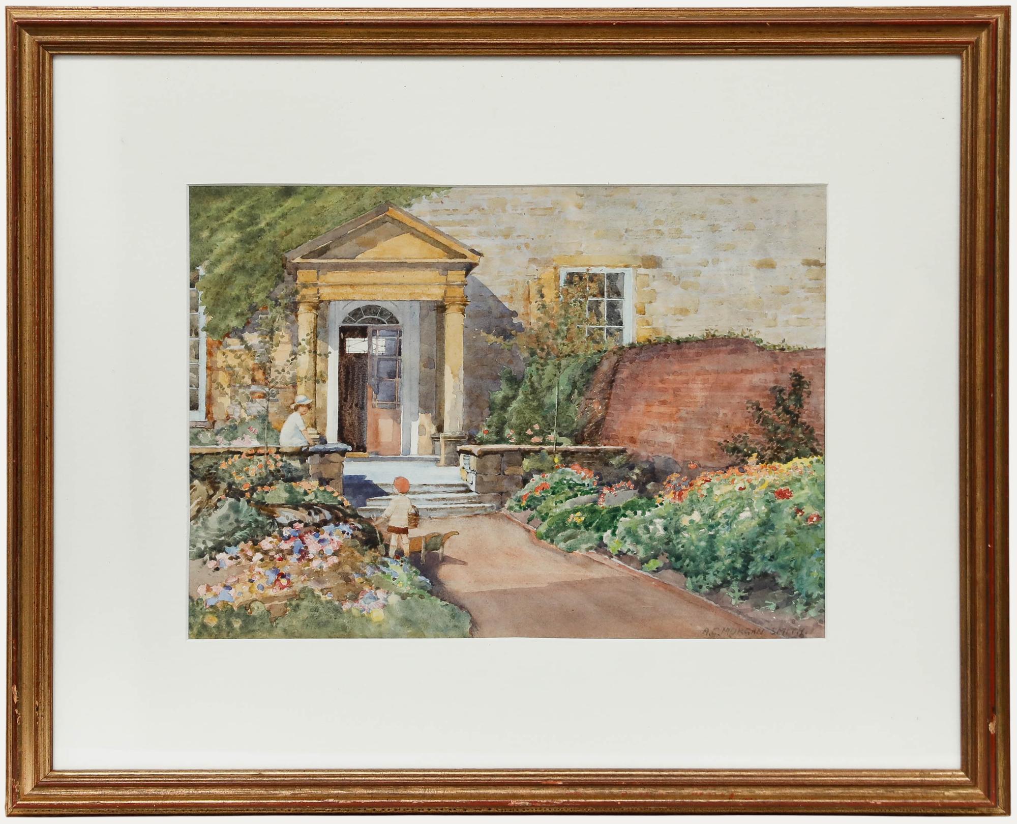 Un incantevole acquerello della metà del XX secolo che raffigura una deliziosa casa georgiana e un giardino recintato in piena fioritura estiva. Firmato. Ben presentato in una cornice dorata. Sulla carta. Dimensioni dell'immagine: 26 x 36 cm.