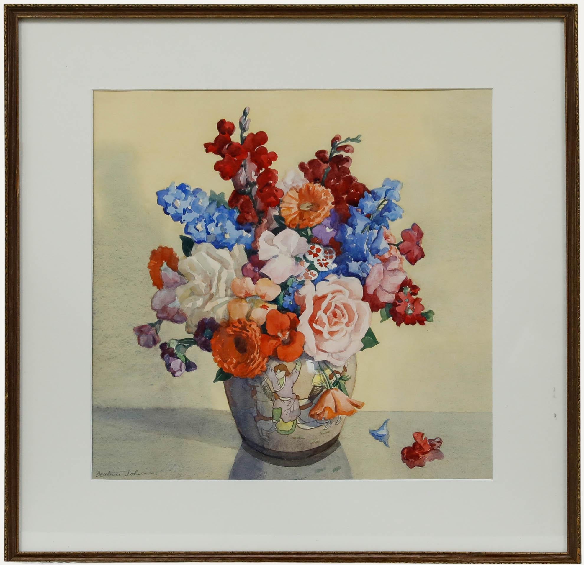 Beatrice Johnson (1938-1988) - Acquerello incorniciato, Fiori in un vaso giapponese