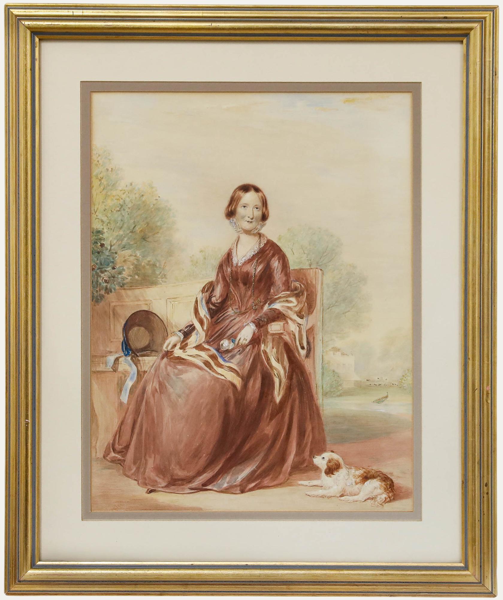 Mitte 19. Jahrhundert Aquarell - Dame mit Hund